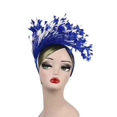ROYAL BLUE FEATHER FASCINATOR/CROWN/TIARA - SATIN HEADBAND SPRING RACES,WEDDING  - Imagem 1 de 2