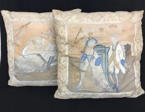 Vintage SIlk  Embroidered Lace Trim Throw Pillows Cotton Colonial Couples 14" - Picture 1 of 11