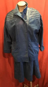 VTG 80s JO HARDIN Skirt Blazer Jacket Blue Faux Suede / Faux Leather Size Large - Picture 1 of 6