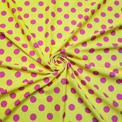 Bright Lemon Yellow & Hot Pink Polka Dot 4-Way Stretch Nylon Spandex Fabric - Image 1 of 4