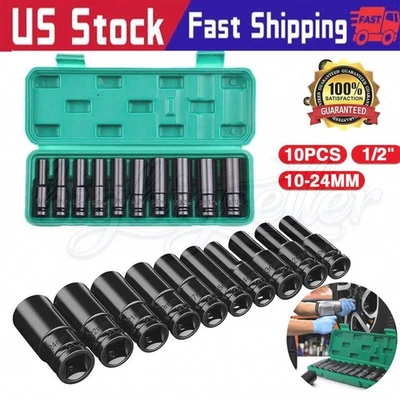 10pcs Metric Deep Impact Socket 1/2" Drive 10mm-24mm 6 Point Sockets w/Case Set - Image 1 of 4
