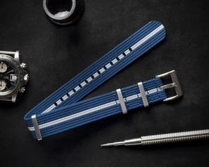 20 | 22 mm Nato Strap Uhrenarmband Premium Ribbed Nylon Blau Weiß gestreift - Bild 1 von 6