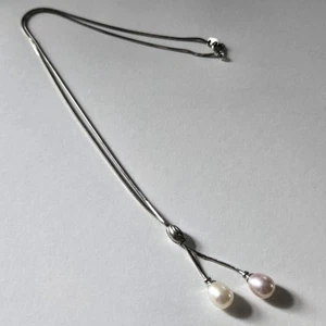 Sterling Silver 925 White & Pink Pearl Lariat Necklace Dangle Freshwater Pearl - Picture 1 of 9