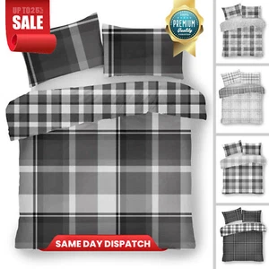 Tartan Checked Duvet Cover Grey Quilt Reversible Bedding Set Single Double King - Picture 1 of 23