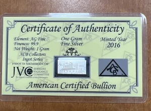 Barra ACB 1 gramo AG 99,9 PLATA fina certificado de autenticidad Titanic 2016 - Imagen 1 de 3