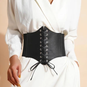 S-XXL Women Elastic Leather Wide Lace Up Waist Belt Cinch Corset Body Shaper - Picture 1 of 9