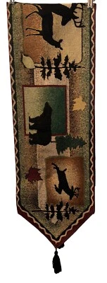 Bear Lodge Table Runner Wildlife Silhouettes Bear Buck Deer Cabin Tapestry 70 in - Image 1 of 4