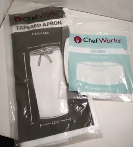 CHEF WORKS WHITE TAPERED APRON & BEANIE HAT, BRAND NEW, FREE SHIPPING - Picture 1 of 2