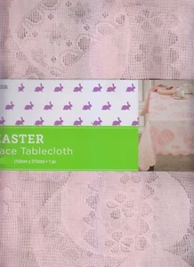 Pink Lace Tablecloth Easter Egg & Flowers 60 x 84 Rectangle Scalloped Edges - Picture 1 of 4