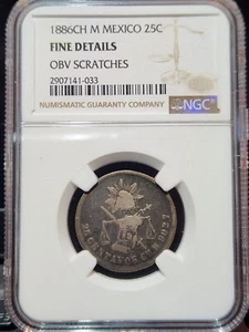 1886 CH M 25 CENTAVOS CHIHUAHUA, MEXICO SILVER NGC FINE Details LOW MINTAGE 22K - Picture 1 of 8