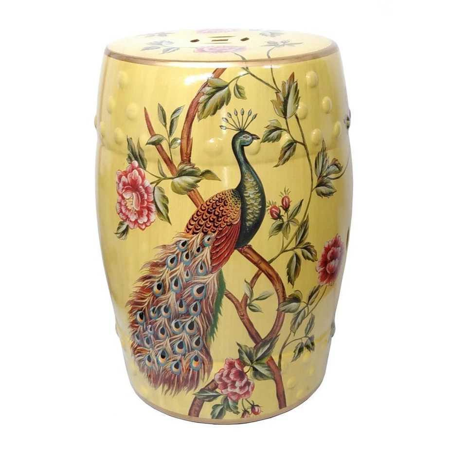 Oriental Chinese Yellow Porcelain Stool Seat Peacocks Peonies Flowers 45cm - Image 1 of 1