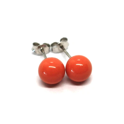 18K WHITE GOLD BALLS SPHERES RED RECONSTRUCTED CORAL BUTTON EARRINGS 8mm, 0.31" - Image 1 of 4