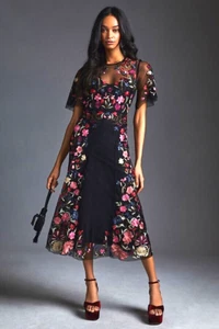 New By Anthropologie Embroidered Floral Dress Black 12 / 14 $260 NWT - Picture 1 of 7