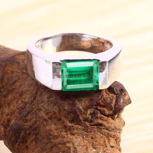 Simulated Emerald Gemstone With 18K White Gold Plated Silver Men's Ring #1886 - Picture 1 of 5
