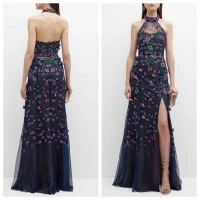 Marchesa Notte официальный вечернее платье платье 16 темно-синий цветочный вышитый с бретелью через шею - Изображение 1 из 4