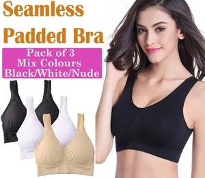 3 Pack Seamless Padded Bras Wirefree Sports Comfort Stretch Removable Pad Bra - Picture 1 of 18