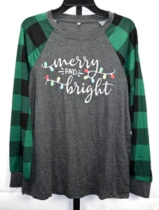 Camiseta Pullover Navidad Gris Oscuro y Verde "Feliz y Brillante" Nueva Con Etiquetas Talla M - Imagen 1 de 3