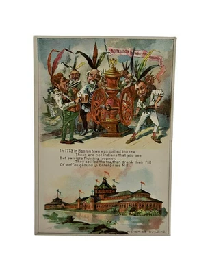 Tarjeta coleccionable empresarial Boston Tea Party Fisheries Building 1893 Feria Mundial Foto 1 de 2