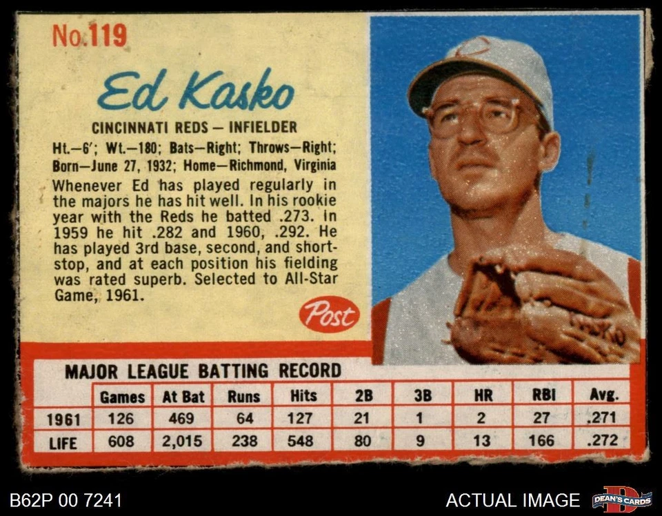 1962 Post Cereal #119 Eddie Kasko Reds SHORT-PRINT 2 - GOOD - Image 1 of 1