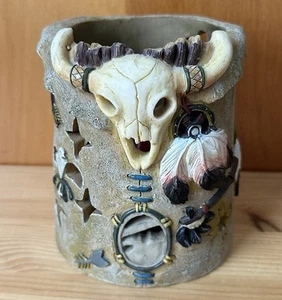 Native American Southwestern Design 5”Tall Earth Tone Resin Votive Candle Holder - Picture 1 of 7