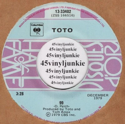 Toto 45 rpm "99" b/w "Hydra" on Columbia Records (Canadian pressing) - Image 1 of 2