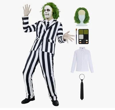 Disfraz de Halloween Beetlejuice 5 piezas Peluca Película para adultos Juegos con disfraces Traje de miedo Máscara Camisa Foto 1 de 4
