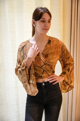 Wrap Top Crepe Silk Tie Blouse Dress Girls Woman Y2k Boho crop Top PS PSW1709 - Image 1 of 4