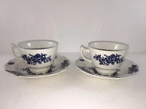 Vintage Booths Peony White Blue Floral & Butterflies China Cup & Saucer (2 Sets) - Picture 1 of 11