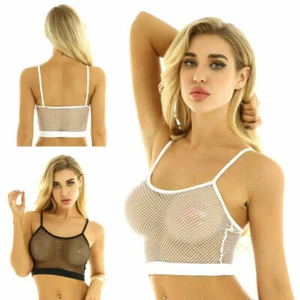 Sexy Womens Fishnet See Through Camisole Crop Top Strappy Bralette Tank Top Vest - Picture 1 of 19