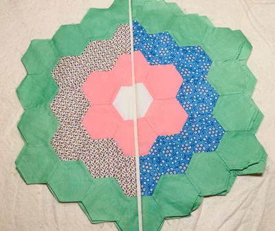 Antique Cotton Fabric 1930s Grandma's Garden 2 Quilt Blocks Hand Pc'd 16.5" - Image 1 of 4