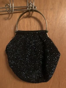 Vintage Black Beaded Purse 12”x 9” Metal Handle Very Good Condition Ships Free - Picture 1 of 15