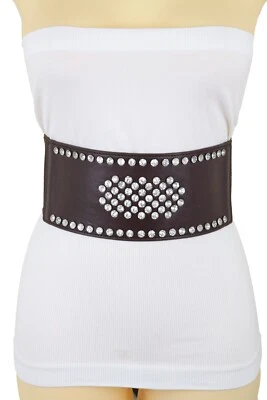 Women Dark Brown Elastic Wide Belt Hip High Waist Silver Bling Shield Size M L - Image 1 of 4