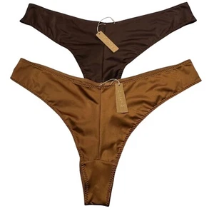 SKIMS Stretch Satin Cheeky Tanga Lot of 2 Bronze Cocoa 3X - Picture 1 of 12
