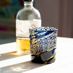 Japanese Edo Kiriko Crystal Whiskey Glasses Hand Cut To Blue 9oz Gift Packing - Picture 1 of 7