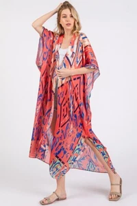Do Everything in Love Boho Style Print Open Front Long Summer Kimono Cover Up - Picture 1 of 7