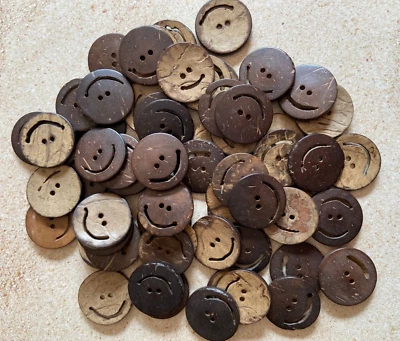 50 Coconut Shell Smiley Face Buttons 25mm Links Connectors Crafts DIY Jewelry - Image 1 of 3