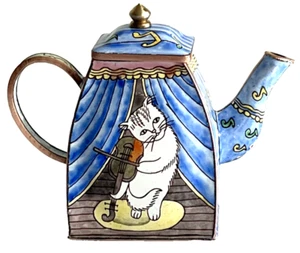 Messing emaillierte Miniatur Teekanne mit Deckel Katze auf Bühne handbemalt - Bild 1 von 9