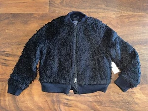 Gap Kids SMALL 6-7 Solid True Black SHERPA BOMBER JACKET Zippered Faux Fur NWT - Picture 1 of 7