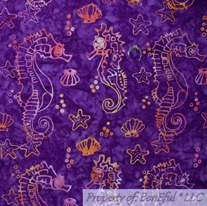 BonEful FABRIC FQ Cotton Quilt Purple Orange Red BATIK Beach Sea Horse Fish Star - Picture 1 of 12