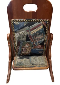 VINTAGE LEVENGER TOOLS TAPESTRY & WOOD PENDULUM MAGAZINE RACK SEE PICS 21x17 - Picture 1 of 11