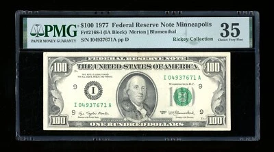 DBR 1977 $100 FRN Minneapolis Fr. 2168-I PMG 35 Serial I04937671A - Image 1 of 2