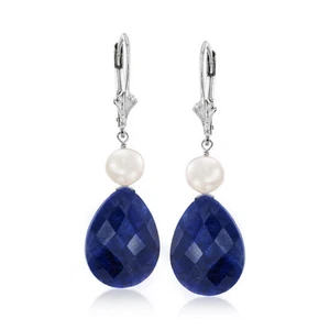 20.00 ct. t.w. Sapphire and Cultured Pearl Drop Earrings in Sterling Silver - Picture 1 of 3