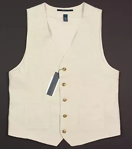 Men's PERRY ELLIS Khaki Natural / Light Tan Linen Vest Small S NEW NWT Nice! - Picture 1 of 4