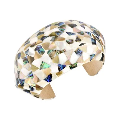 Retro-Inspired Mixed Inlaid Seashells Mosaic Wooden Cuff Bracelet - Image 1 of 4