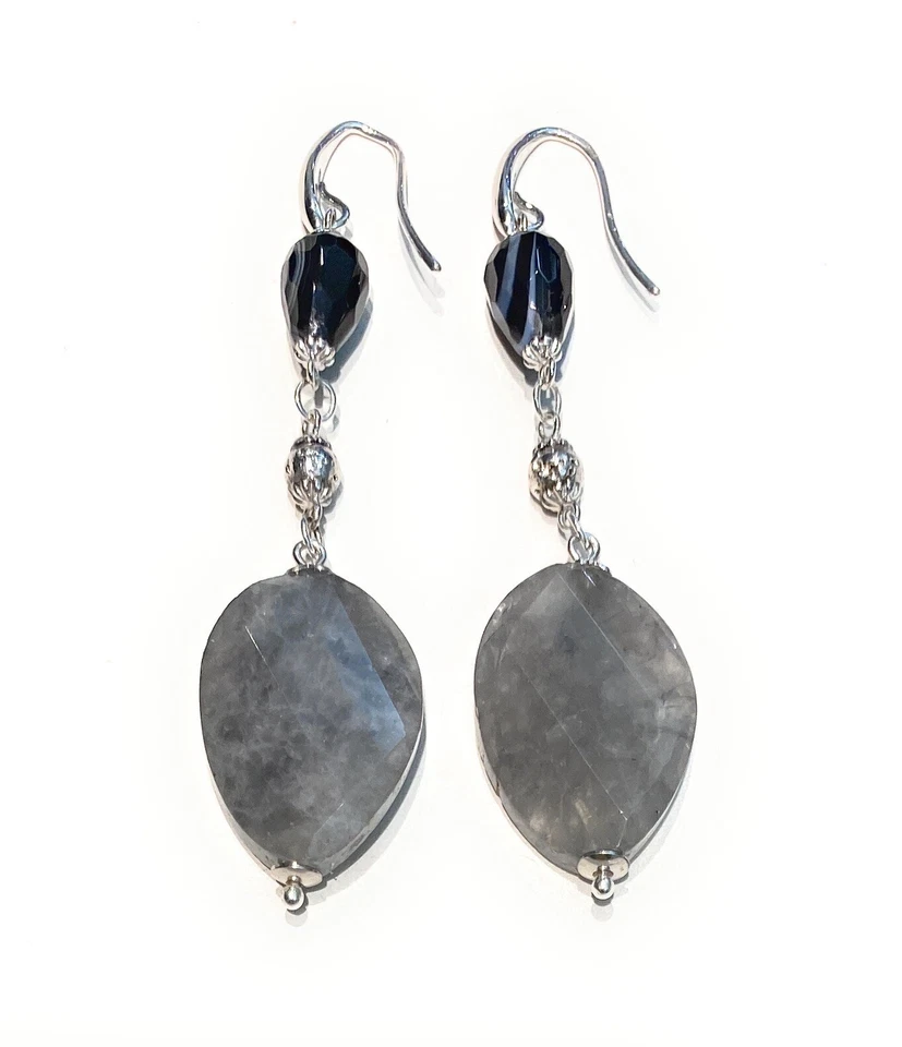 Orecchini quarzo grigio gocce onice pietra lavica argento sterling  - Immagine 1 di 4