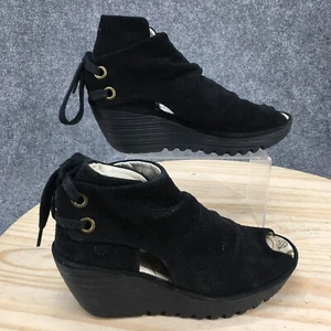 Fly London Boots Womens 39 Yema Ankle Bootie Black Casual Peep Toe Wedge Heels - Picture 1 of 15