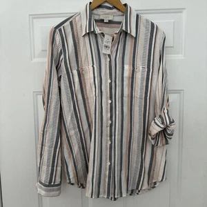Loft Outlet White, Peach & Blue Striped Long Sleeve Blouse - Size S - NWT! - Picture 1 of 4