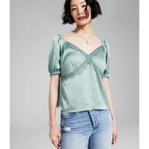 AND NOW THIS Lace Trim Top Puff Sleeve Sweetheart Neck Satin Blouse Green Size S - Picture 1 of 6