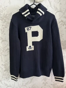 Polo Ralph Lauren Navy Knitted Shawl Collared Jumper P 67 Skull Size L Age 14-16 - Picture 1 of 9