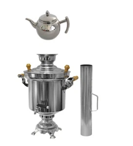 Russischer Türkischer Holzkohle Samowar 5 Liter Edelstahl mit 1L Design Teekanne - Bild 1 von 2